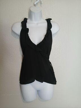 DNA Couture Black Ruffle Sleeveless Wrap Blouse V-Neck Wrap Top Size Medium